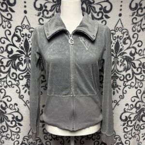Vtg 00s/Y2K Guess Womens Velour Zip Up Track Jacket Grey Rhinestone Logo